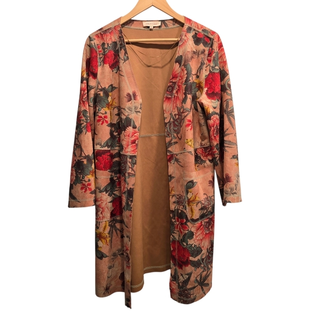 Solitaire Anthropologie Floral Faux Suede Open Front Jacket Size L - Picture 2 of 14
